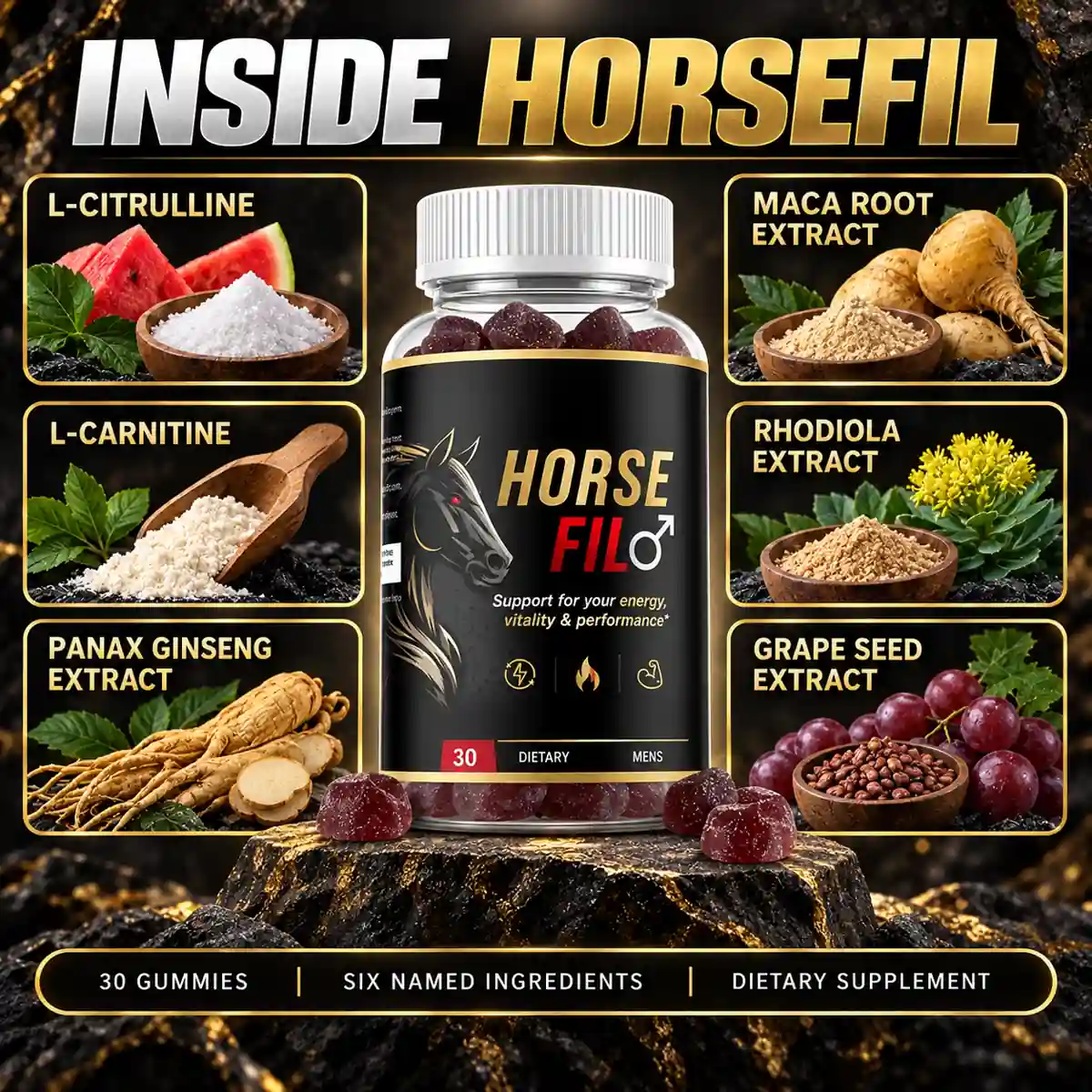 Inside HorseFil: L-citrulline, L-carnitine, Panax ginseng extract, maca root extract, rhodiola extract and grape seed extract around a bottle of HorseFil