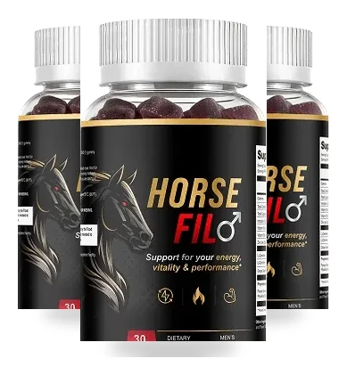 Three HorseFil bottles with dark red gummies